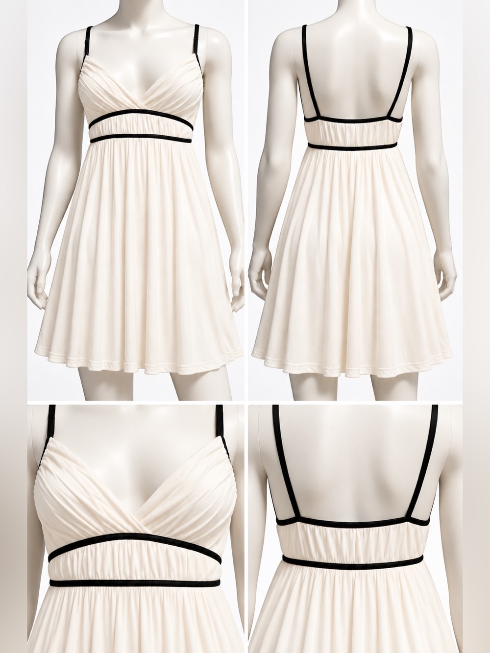 H&M Divided Y2K Ivory Babydoll Mini Dress Black Trim Empire Waist Slip Size 6